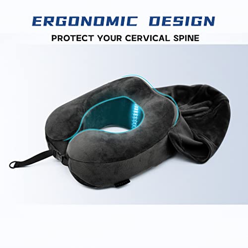Cuddool Hoodie Travel Neck Pillow - Memory Foam Neck Pillow Head Chin Support Airplane, Car, Office & Home Sleep Rest Traveling Pillow(Black,M) #TOP5