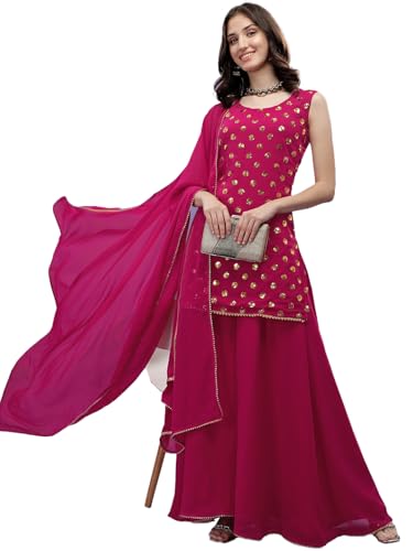 Fashion Basket Georgette Embroidered Kurta Set For Women (In, Alpha, M, Regular, Pink)