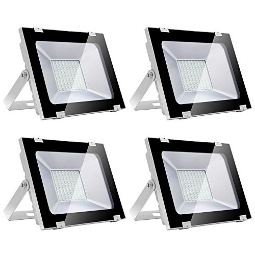 4 x 100W LED Proiettore Esterno, Floodlight IP67, Design Ultra-sottile e Ultra-leggero per Giardino, Cortile, Terrazza, Piazza[Classe di Efficienza Energetica A ++] (100W, Bianco Freddo)