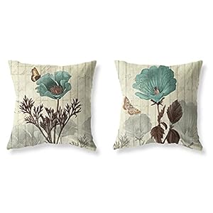 Set of 2 Throw Pillow Covers Vintage Wood Grain Floral Butterfly Cotton linen Throw Pillows Decorative Boho Cushion Cover 18 X 18 Inch Pillowcase for Living Room Bedroom Couch Sofa Bed Outdoor