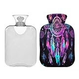 SKYSHU Dreamcatcher Wärmflasche, 2 l, transparent, auslaufsicher, waschbar, hitzebeständig, Wasserflasche mit weichem Plüschbezug, für Menstruationskrämpfe, Nacken- und Schulterschmerzlinderung