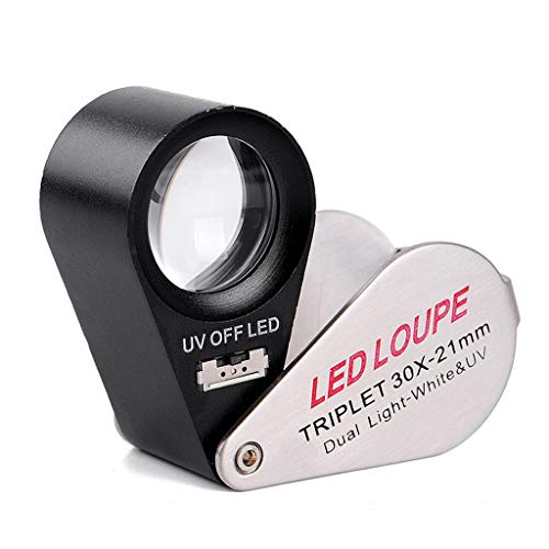 ZFDJ Full Metal Illuminated Jewelry Loop Magnifier,Pocket Folding Magnifying Glass Jewelers Eye Loupe with LED and UV Light(LED Currency Detecting/Jewlers Identifying Type Lupe) (Size : 30X)