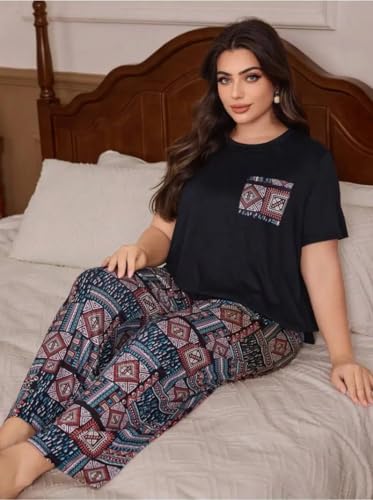 Image of Celary Women's Cotton Blend Printed Night Suit Set||Soft & Breathable Short Sleeve Top & Ethnic Print Pyjama Set||Also Available in Plus Size||Korean Night Suit||Comfortable Home Wear & Sleepwear