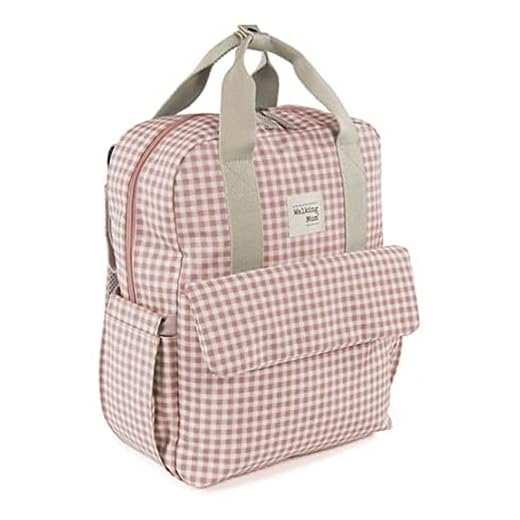 Walking Mum. Bolso Mochila I Love Vichy. Bolsa pañalera para silla de paseo. Diseño versátil con asas cortas y correas para llevar en los hombros. Color Rosa. Medidas 37X28X12 cm.