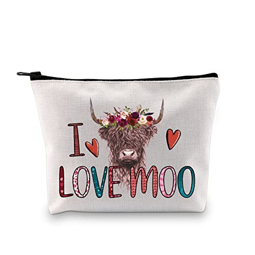 PLITI Highland Cow Makeup Bag Cow Lover Cosmetic Bag Farm Girl Gift I Love Moo Funny Cow Saying Gift for Girlfriend Wife (I Love Cow U)