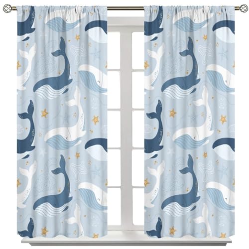 Cute Whale Curtains for Kids, Cartoon Sea Starfish Window Treatments Under Sealife Sea Window Drapes for Boys Girls Nursery Bedroom Living Room 42x63in