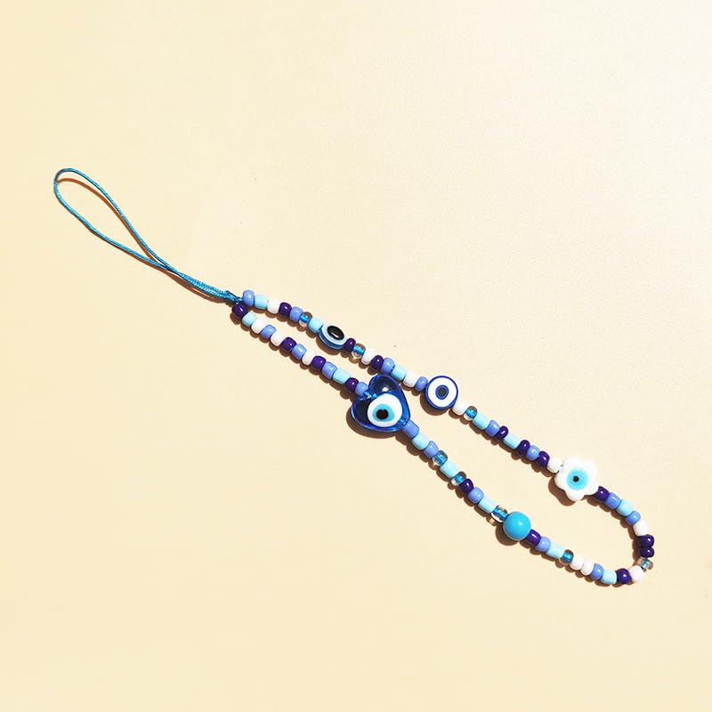 COLORFUL BLING Beaded Evil Eye Pearl Natural Stone Phone Charm Lanyard Wristband Cute Flower Charm Anti-loss Chain Aesthetic Accessories Love Lucky Protection Gift-B blue heart