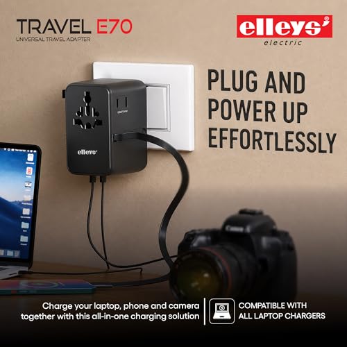 Image of Elleys 70W Travel Adapter with Retractable Cable | Universal Travel Adapter | Dual USB Ports, Multi-Plug Charger with GaN Fast Charging | Worldwide Compatibility for US, UK, Canada, Europe (1Pcs)