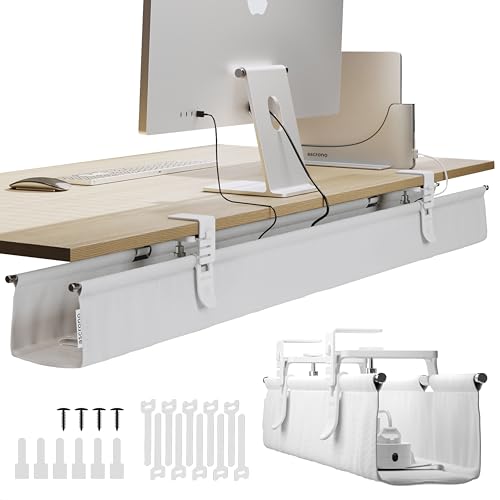 Ascrono Original No Drill Under Desk Cable Management Tray 53.9" - Premium White Fabric Cable Management Under Desk - Clamp/Screw Mount Cord Organizer - Supports Upto 66lbs - Extra Large