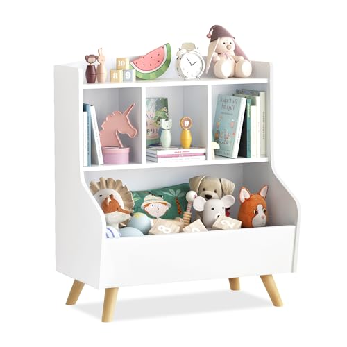 LUE BONA Bibliothèque Enfant,Coffre à Jouets pour Enfants,Rangement Jouet Enfant avec 3 Compartiments et 3 Cubes Ouverts,Bibliothèque Meuble de Rangement,36 × 61 × 71 cm,Blanc
