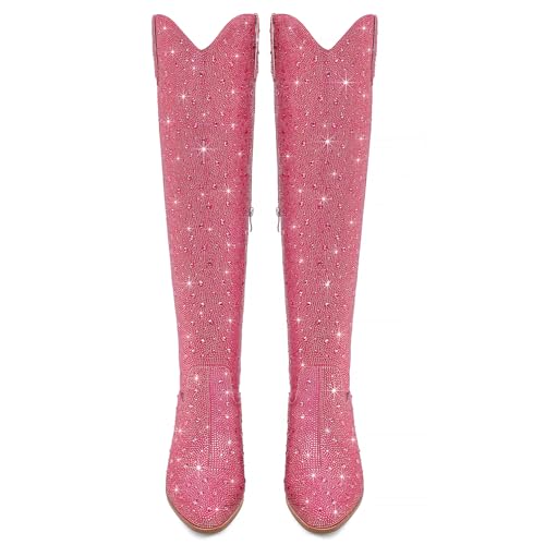Image of Women Rhinestone Over the Knee Cowboy Boots, Sparkly Bling Cowgirl Boots Western Thigh High Boots Pull-On Side Zippers Chunky Heel Pointed Toe For Concerts, Music Festivals, Parties & Night Out