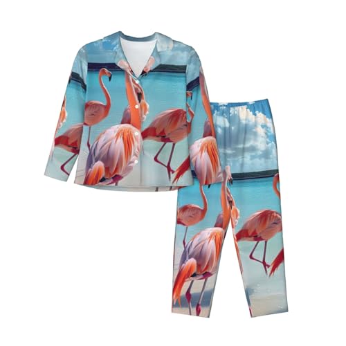 Pyjama flamant rose femme ensemble fluide à manches longues pour la plage