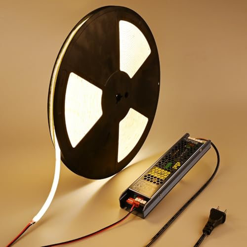 Image of BENLUN 48V Outdoor COB LED Strip Lights Waterproof 65.6ft CRI 92 Kit | 3000K Warm White Outside LED Tape Light Cuttable 160W with Power Supply for Bedroom Living Room Ceiling House Garden