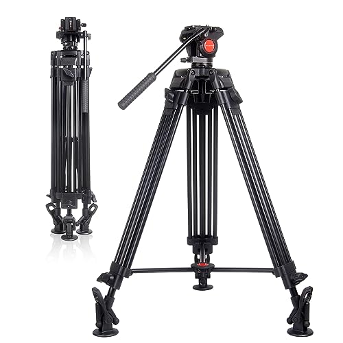 POLAM-FOTO 70.86inch/180cm Aluminum Double Tube Tripod,Professional Heavy Duty Tripod,with Fluid Head 360° Carrying Bag,for Canon Nikon Sony DSLR Heavy and Long Lens