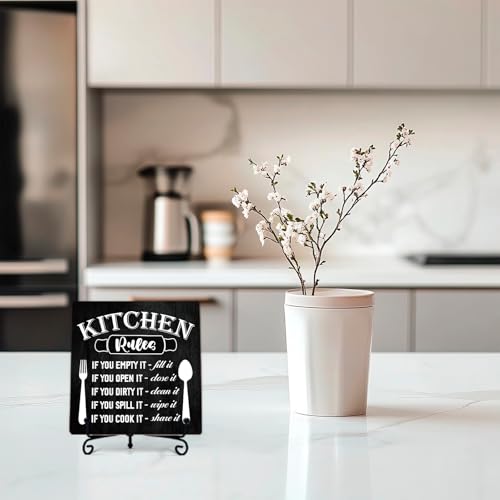 Image of DETIHO Funny Kitchen Decor, Rustic Kitchen Decorations Wood Sign with Iron Stand, Black Wooden Box Sign for Home Dining Room - G05