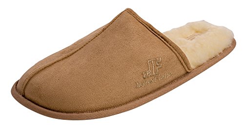 J. Fiallo Mens Fleece Lined Velour Scuff House Slipper with Classy Imprinted Emblem (L (10-11), Camel)