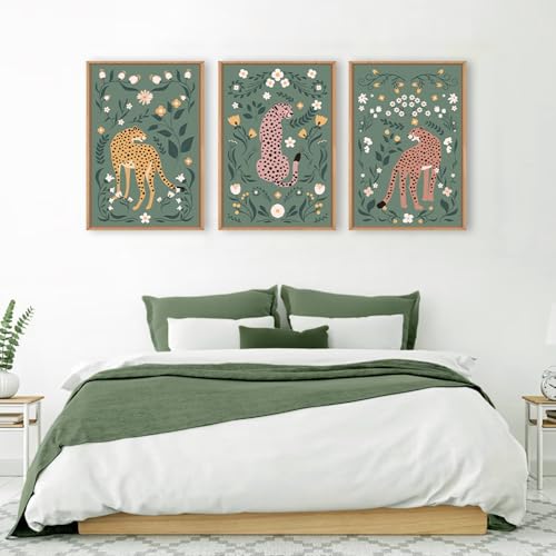Image of KAIRNE Sage Green Cheetah Framed Canvas Wall Art Set,Boho Leopard Floral Wall Decor,Abstract Animal Wildflower Art Prints,Modern Botanical Artwork for Living Room,Bedroom,Farmhouse,Office-24 x36 x3