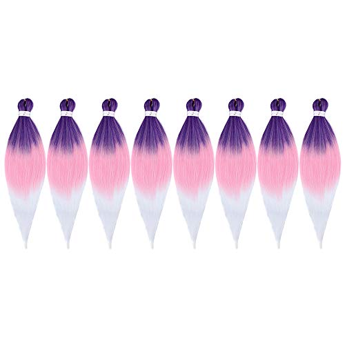 8 Packs Pre Stretched Braiding Hair Low Temperature Synthetic Fiber Crochet Braids Crochet Easy Braid Hair Extension Twist Braid Hot Water Setting (26 inch, Purple/Pink/White)