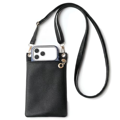 LUSTRIB Cell Phone Purse, Black PU Leather Phone Bag for Women and Girls, Crossbody Phones Wallet With Shoulder Strap for Shopping, 7.5 x 5 Inches