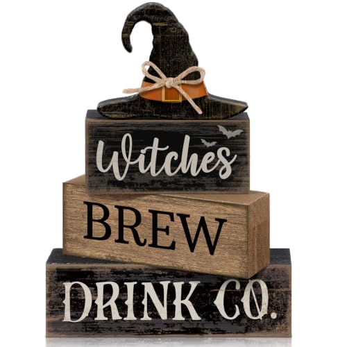 Lineshading 4 Pcs Halloween Witch Wood Block Signs, Tiered Tray Decor