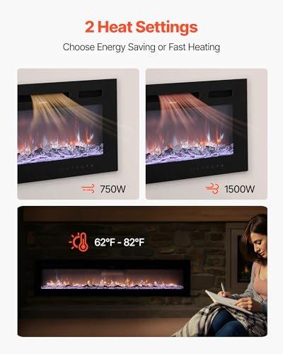 Image of VEVOR 60 inch Electric Fireplace, Wall Mounted Recessed Fire Place with Remote Control, Timer, 1500W, Adjustable Flame Color Brightness, Touch Screen, Overheat Protection, for Living Room,Bedroom