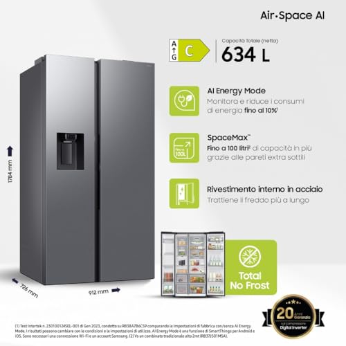 Samsung Frigorifero Side By Side Ai RS80F66KCT/EF Con Dispenser Acqua/Ghiaccio, Wifi Con Ai Energy Mode, Total No Frost, Spacemax, 634 L, Lxaxp: 91,2 X 178,4 X 72,6 Cm, Inox - 2