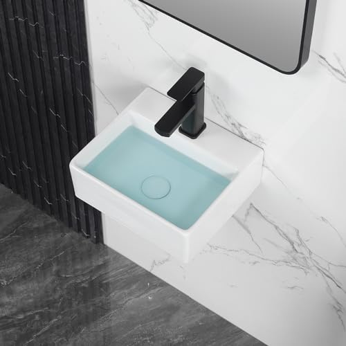 KARAMAG Small Vessel Sink 13'x11' Wall Mount Bathroom Sink Rectangular White Porcelain Ceramic Mini Floating Tiny Bathroom Wall Mounted RV Sink