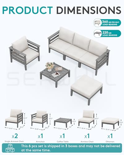 Image of SERWALL HDPE Patio Furniture Set, 6 Pieces Outdoor Sectional Sofa Set | All-Weather Wood-Like Outdoor Sofa Couch with Coffee Table, Modular Design for Flexible Combination