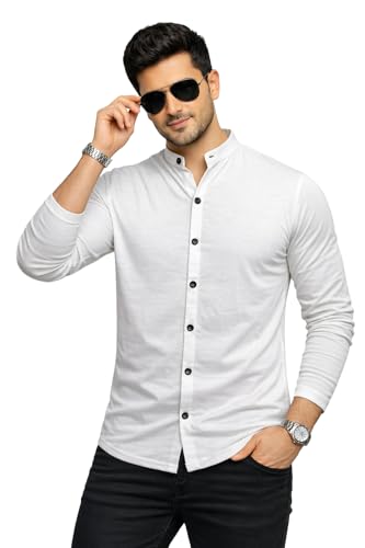 Image of Blisstone Men's Band Collar Shirt - Full Sleeve Slim Fit Casual Cotton Blend Mandarin Collar Button Down Shirt