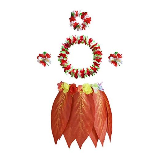KEFAN Leaf Hula Skirt y Hawaiian Leis Set Grass Skirt con Flores de Hibisco Artificiales para Hula Costume y Beach Party (Rojo)