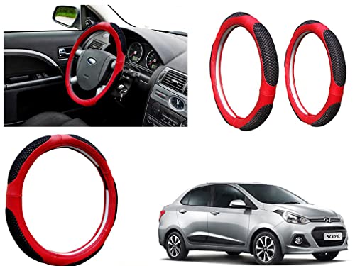 Image of Microfiber Car Steering Wheel Cover, Soft Padding Great Hand Feel, Anti-Slip, Faux Leather Steering Cover for Hyundai Xcent 2016 | Black Red Jali - Pack of 1