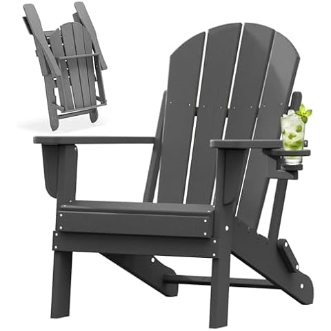 Folding Adirondack Chair with Cup Holder, Poly Lumber Patio Chairs, Wood Texture, Pre-Assembled Weather Resistant Outdoor Chairs for Pool, Deck, Backyard, Garden, Fire Pit Seating, Slate Gray Cover