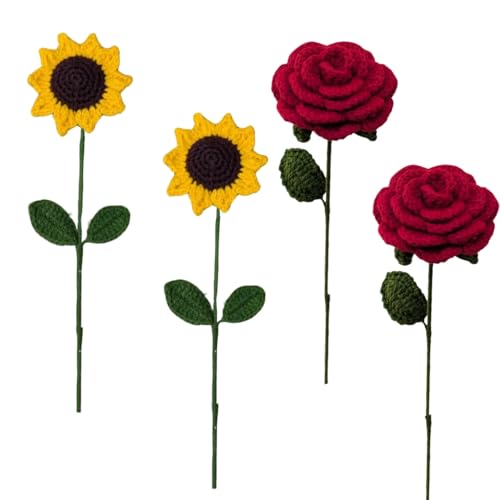 Image of Prapti Handicrafts Handmade Crochet Rose Artificial Forever Flowers for Vase, Home Decoration (4, red Rose+Sunflower)