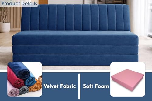 Image of 3-Seater Foldable Floor Sofa Bed with Adjustable Backrest, Modern Velvet Fabric Folding Couch for Living Room, Guest Room & Small Spaces-Blue