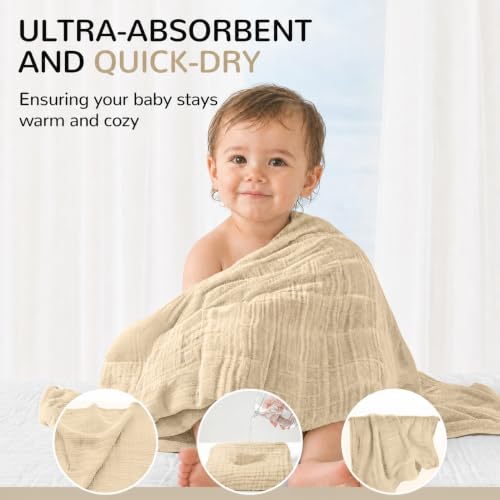 Image of Momsnug 3-Pack Muslin Hooded Baby Towels, Green + Grey + Apricot, 35 inch X 35 inch