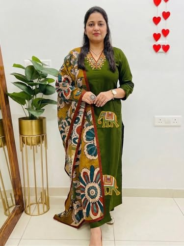 Image of ANNI Designer Kurta Set for Women Viscose Embroidered | Kurta Pant Dupatta Set for Woman | Straight 3 Piece Outfit V Neck 3 /4 Sleeve Stylish Ethnic Dress Trendy Womens Clothing