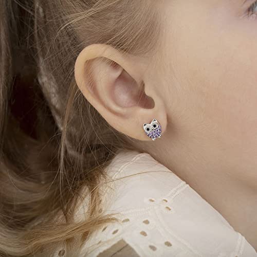 925 Sterling Silver Girls Purple Owl Themed Cubic Zirconia Earrings with Safety Screw Back, Best for Animal Lover Kids-Toddlers and Pre Teens. Go with any Outfits3