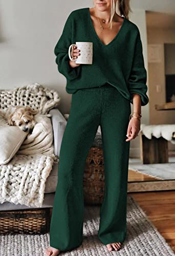 Image of Viottiset Women's 2 Piece Outfits Casual V Neck Knit Wide Leg Sweater Lounge Set Sweatsuit