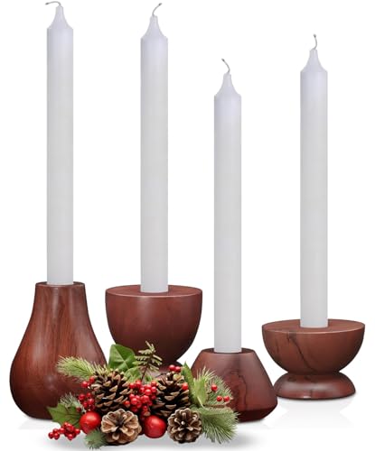 Advent Candles w/Wooden Candlestick Holders (4 pc) - 10-Hour Burn Time White Candles - Mango Wood Natural Candle Holder & Paraffin Wax Tapered Candles - Wooden Candle Stand for Christmas Decor
