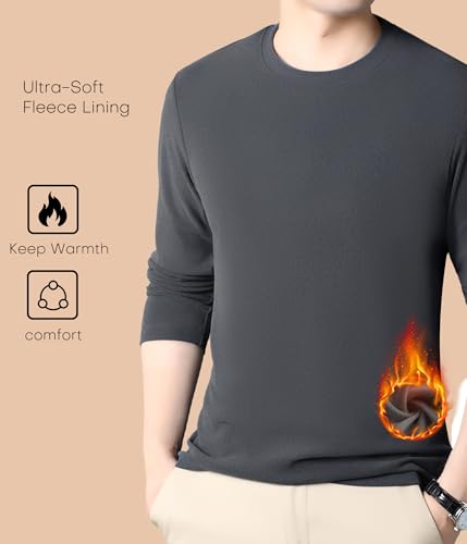 Camiseta Térmica de Hombre de Manga Larga – Cuello Redondo, Interior Forrado de Forro Polar, Ropa Interior Térmica Suave y Cálida(LY138-Grey, XL-XXL)