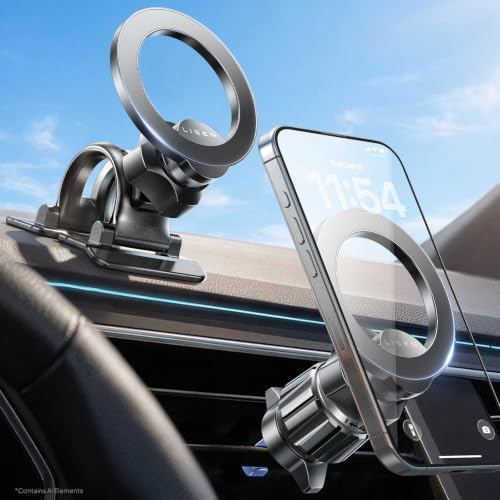 Image of LISEN for MagSafe Car Phone Mount -Strong Magnets Magnetic Phone Holders for Your Car 2-in-1 Vent Dashboard Magnet Cell Phones Holder Mounts Car Accessories Gifts for Men Women fit iPhone, Black | Dash Accents