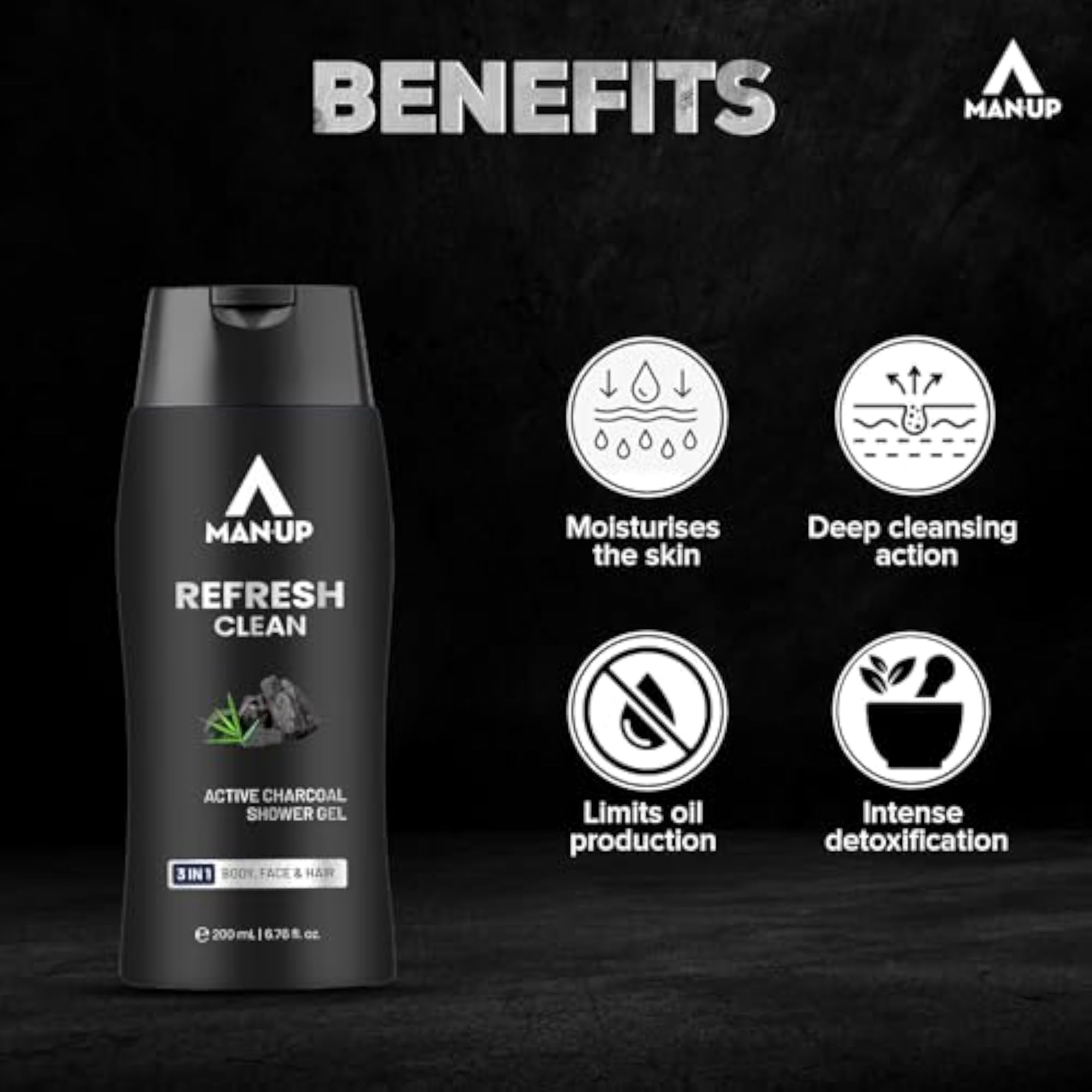 Refresh Clean Active Charcoal Shower Gel For Deep Pore Cleaning 3 IN 1 Body, Face & Hair