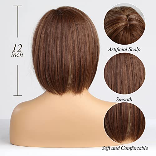 Haircube Mixed Brown Bob Wigs For Women Short Straight Side Part Synthetic Wig With Bangs #TOP3