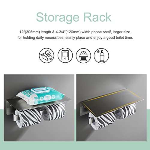 Double Toilet Paper Holder With Shelf Brushed Nickel, Aplusee Modern Bathroom Accessories Sus 304 Stainless Steel Commercial Tissue Roll Dispenser Mobile Phone Storage Rack Handy Use #TOP4