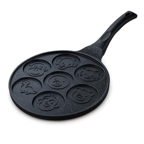 Sartén para Tortitas con Animales – 26 cm Antiadherente, 7 Moldes Pancakes Divertidos – Compatible con Inducción, Gas, Vitrocerámica, Eléctrica – Apta Lavavajillas