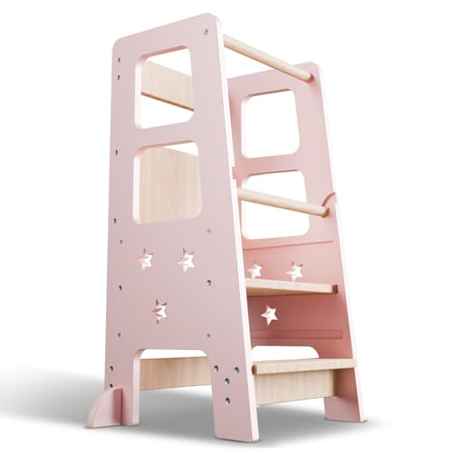 Juskys Torre Didattica Henny - Per Bambini Da 1 Anno, Torre Montessoriana, Tripla Regolazione In Altezza, Sistema Antiribaltamento, Sgabello Da Cucina - Rosa