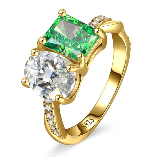 3.5ct Radiant Oval Cut 925 Sterling Silver Rings, Toi et Moi Engagement Ring with Round Cubic Zirconia for Women, 14k Gold/Rhodium Plated Created Aquamarine Emerald Moonstone Band, Size 5-92