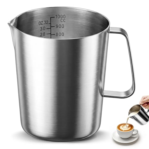 Hejo 1L Pichet Lait en Acier Inoxydable, Pichet Inox avec Mesure Mark et Poignée, Compatible Lave-Vaisselle, Pot a Lait Robuste pour Cafetière, Pâtisserie et Moussage du Lait (1000ml, Argent)