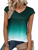 Aottori Camiseta Manga Corta Mujer Verano Cuello V Tie Dye Camiseta Básica Interior Suave Suelta Ajustada Estirada Tunica Casual Top Azul Verde M