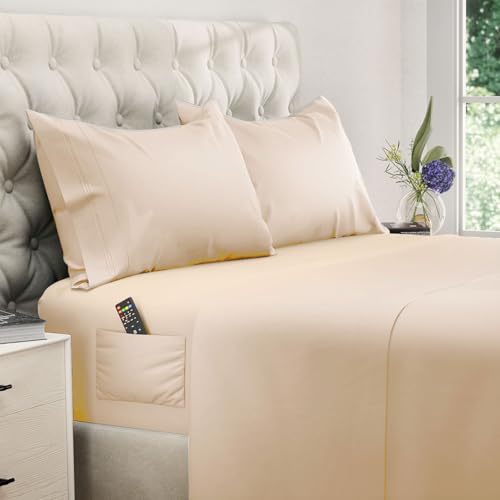 Image of DREAMCARE King Size Sheets Set - 4 pcs Breathable Cooling Sheets - up to 21 inch Extra Deep Pocket King Sheet Set with Side Pockets - Extra Soft 100% Brushed Hypoallergenic Hotel Luxury Bedding, Wheat